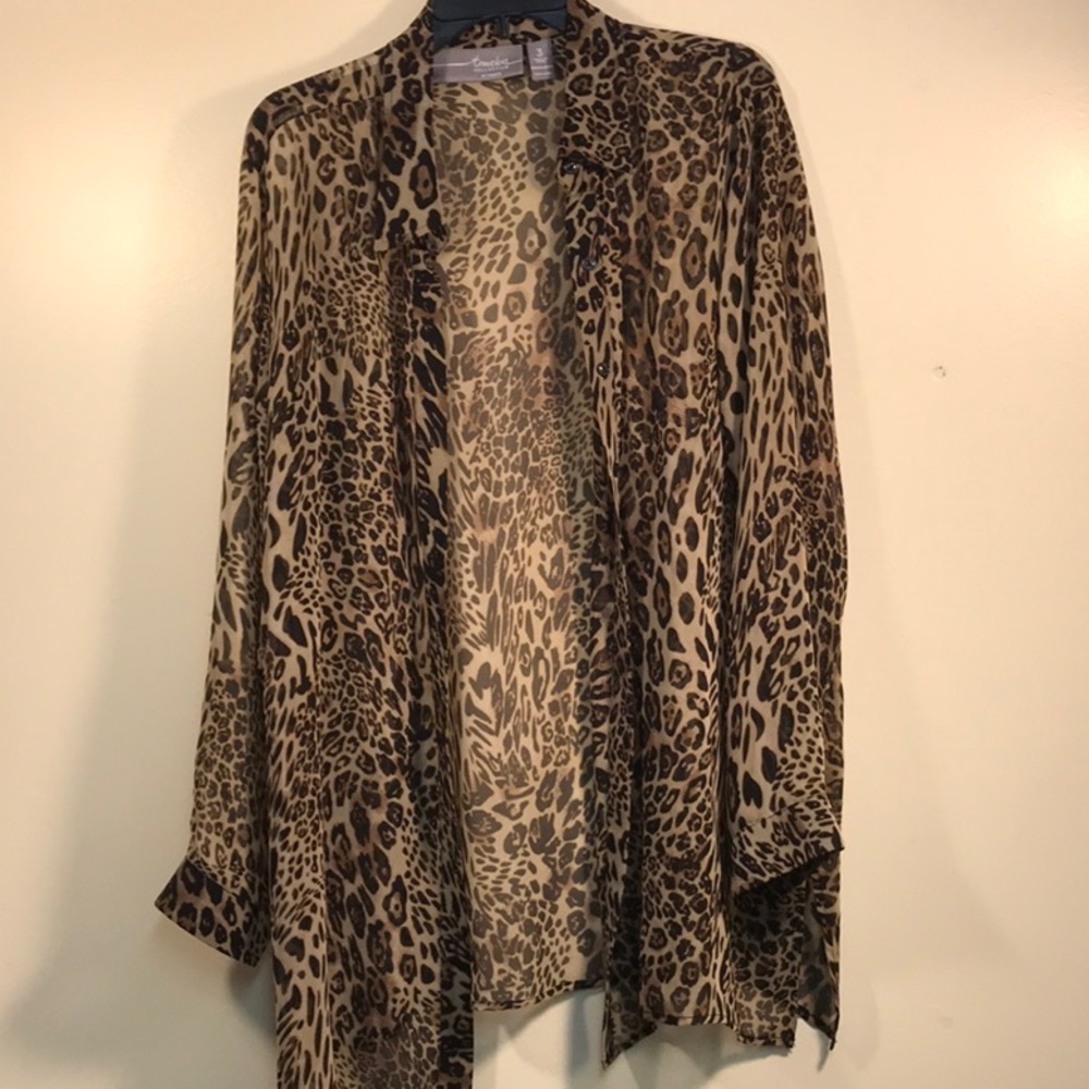 Sheer animal print front button blouse by Chico, size 3 (Large)